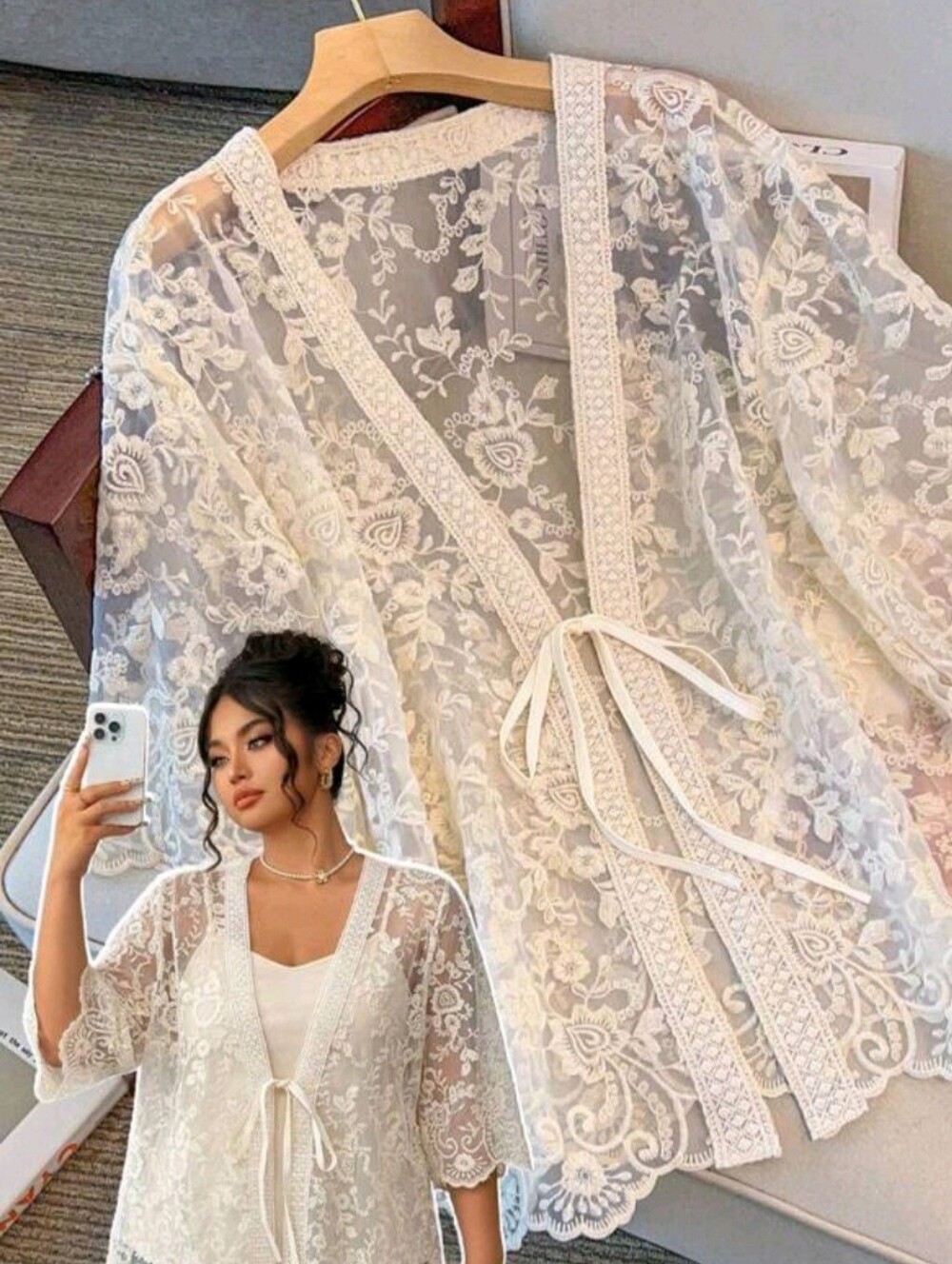 SHEIN Ivory Floral Lace Sheer Kimono